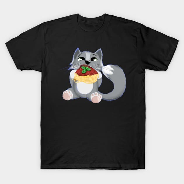 cat eating noodles T-Shirt by malbajshop
